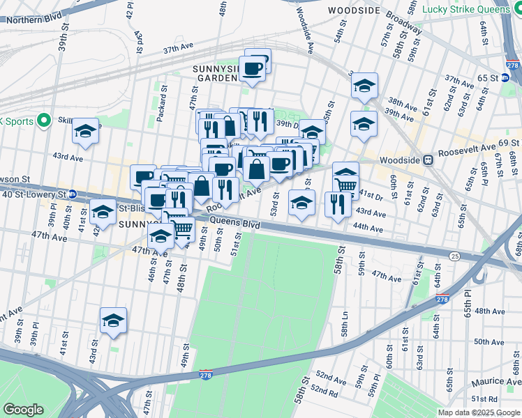 map of restaurants, bars, coffee shops, grocery stores, and more near in Queens