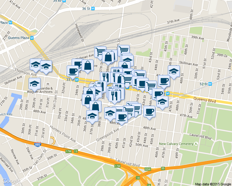 map of restaurants, bars, coffee shops, grocery stores, and more near 45-25 39th Street in Queens
