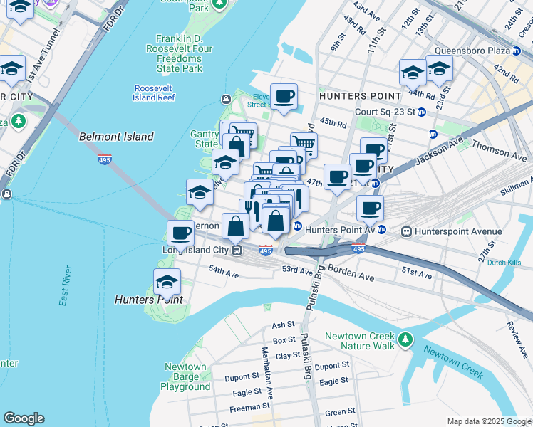 map of restaurants, bars, coffee shops, grocery stores, and more near 5-04 50th Avenue in Queens