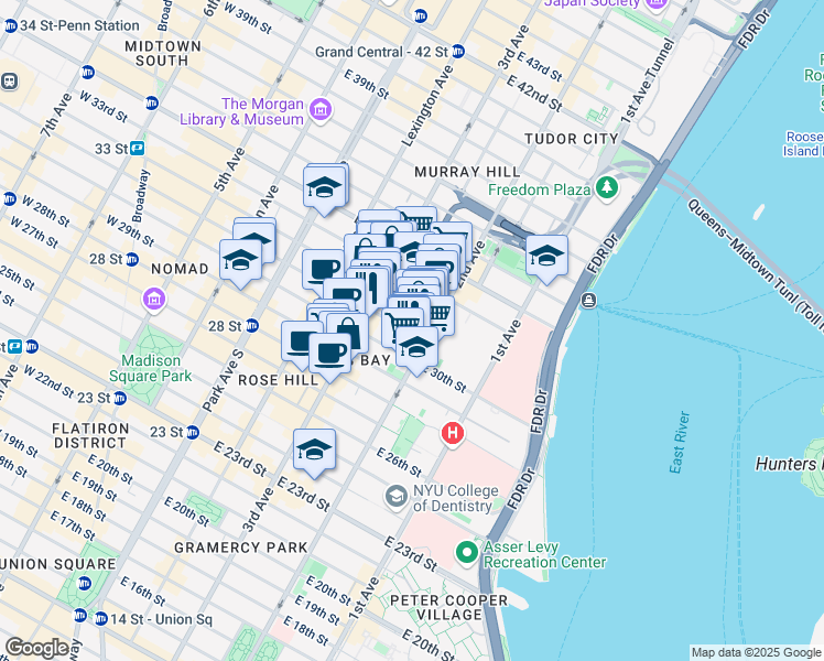 map of restaurants, bars, coffee shops, grocery stores, and more near 208 East 30th Street in New York