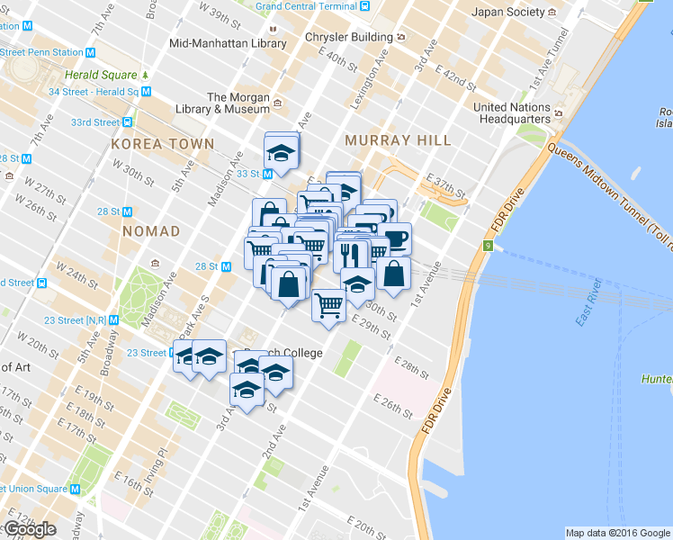 map of restaurants, bars, coffee shops, grocery stores, and more near 208 East 30th Street in New York