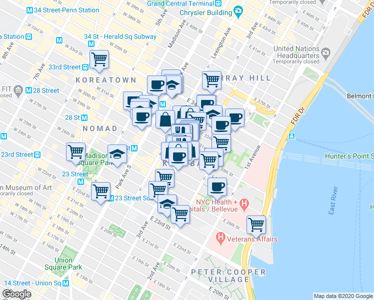 map of restaurants, bars, coffee shops, grocery stores, and more near in New York