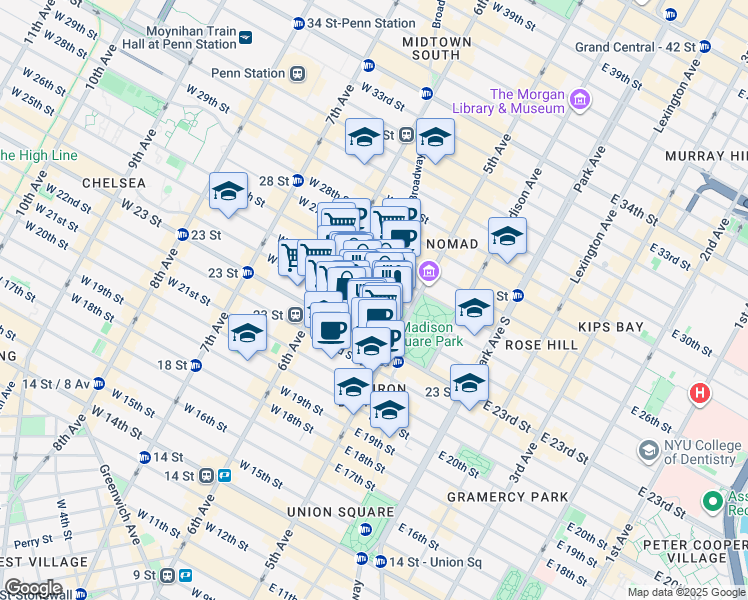 map of restaurants, bars, coffee shops, grocery stores, and more near 19 West 24th Street in New York