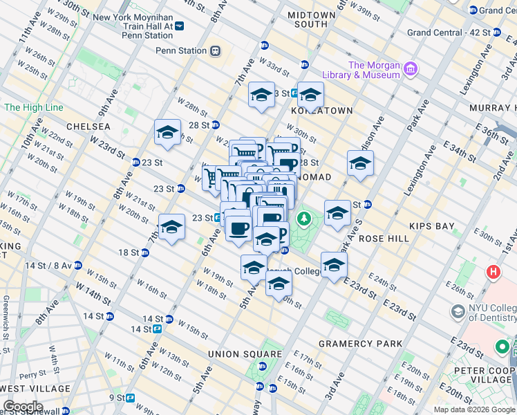 map of restaurants, bars, coffee shops, grocery stores, and more near 19 West 24th Street in New York