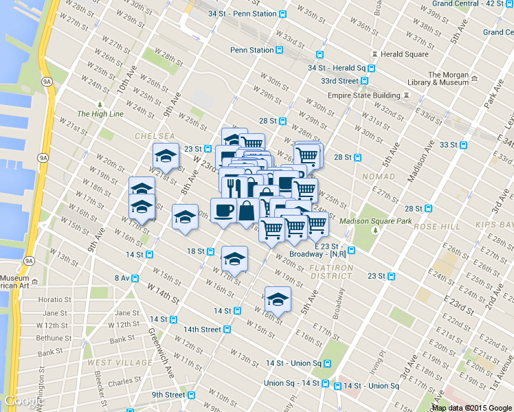 map of restaurants, bars, coffee shops, grocery stores, and more near 147 West 22nd Street in New York