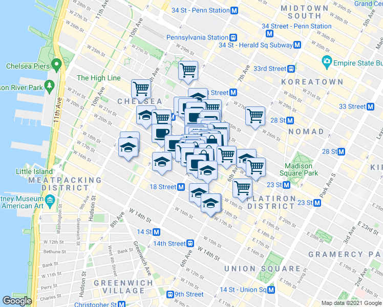 map of restaurants, bars, coffee shops, grocery stores, and more near in New York