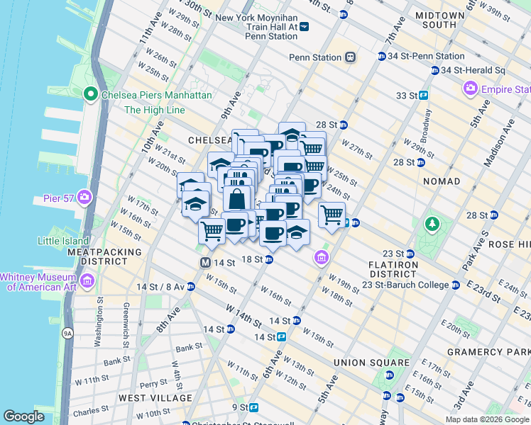 map of restaurants, bars, coffee shops, grocery stores, and more near 226 West 21st Street in New York