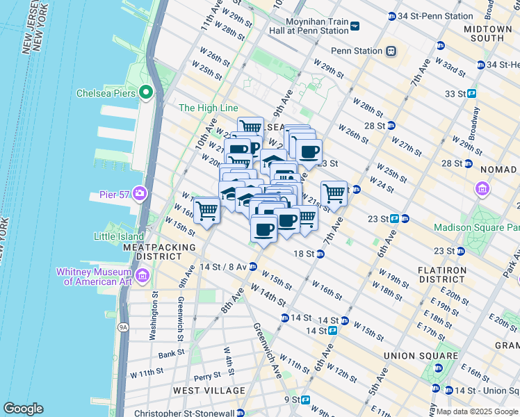 map of restaurants, bars, coffee shops, grocery stores, and more near in New York