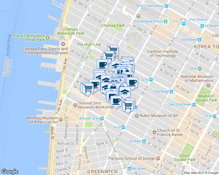 map of restaurants, bars, coffee shops, grocery stores, and more near in New York