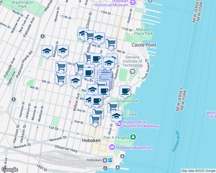 map of restaurants, bars, coffee shops, grocery stores, and more near 522 Washington Street in Hoboken