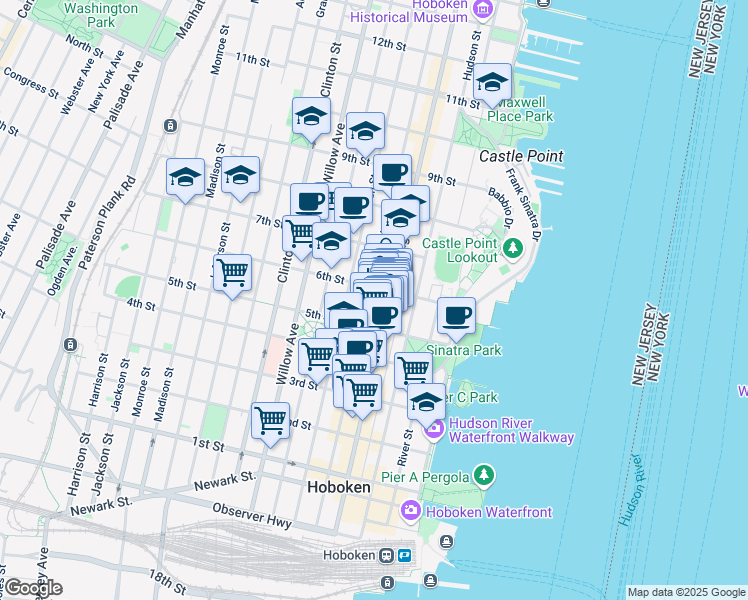 map of restaurants, bars, coffee shops, grocery stores, and more near 522 Washington Street in Hoboken