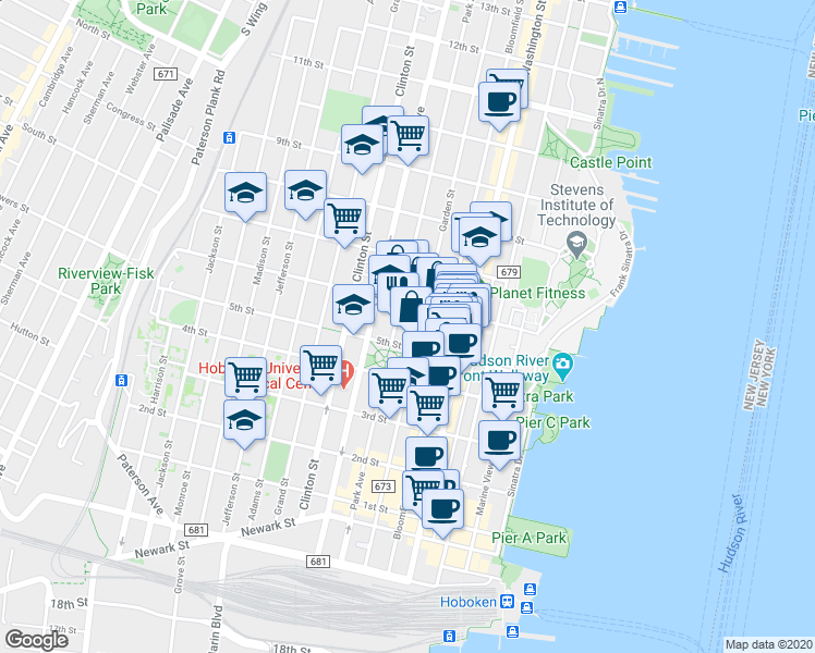 map of restaurants, bars, coffee shops, grocery stores, and more near 515 Garden Street in Hoboken