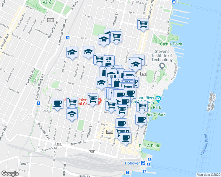 map of restaurants, bars, coffee shops, grocery stores, and more near 250 5th Street in Hoboken