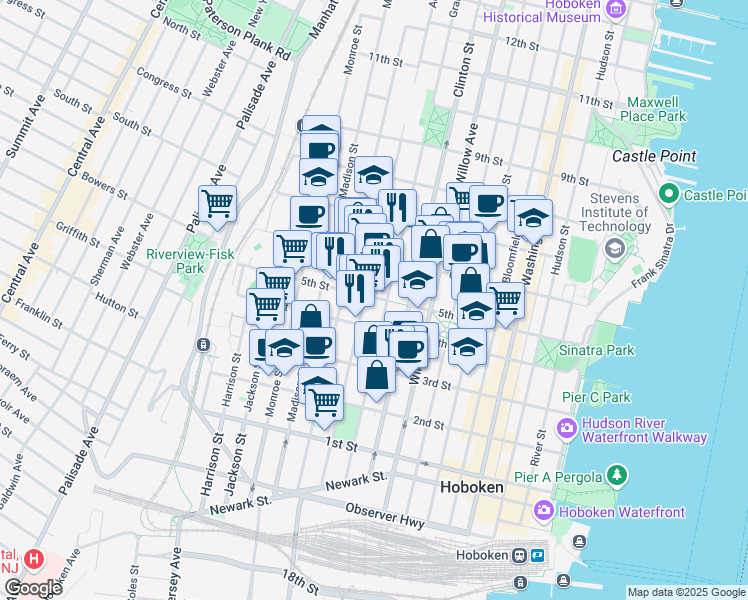 map of restaurants, bars, coffee shops, grocery stores, and more near 415 Adams Street in Hoboken