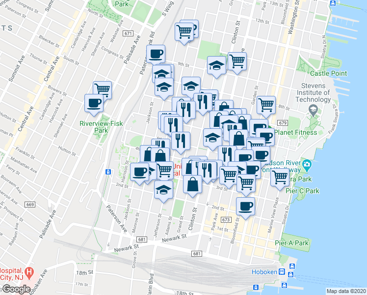 map of restaurants, bars, coffee shops, grocery stores, and more near 415 Adams Street in Hoboken