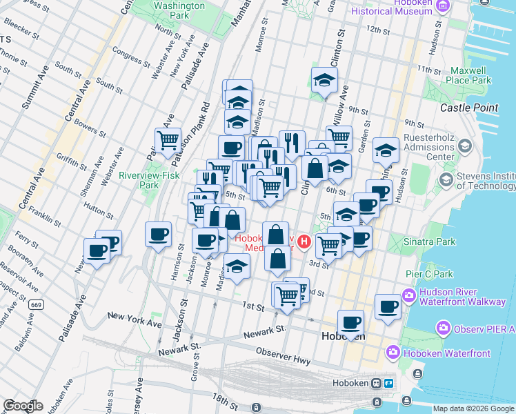 map of restaurants, bars, coffee shops, grocery stores, and more near 410 Jefferson Street in Hoboken