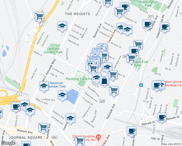 map of restaurants, bars, coffee shops, grocery stores, and more near 74 Manhattan Avenue in Jersey City