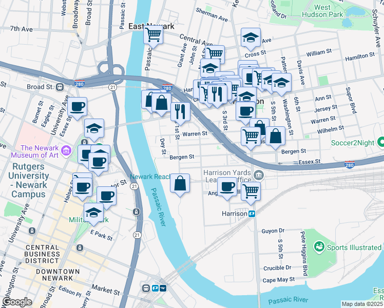 map of restaurants, bars, coffee shops, grocery stores, and more near 106 Bergen Street in Harrison