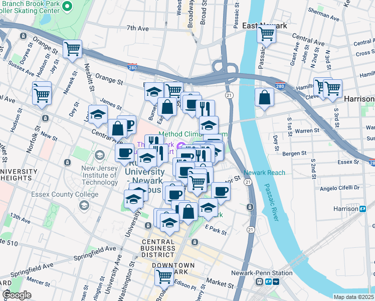 map of restaurants, bars, coffee shops, grocery stores, and more near in Newark