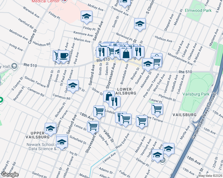 map of restaurants, bars, coffee shops, grocery stores, and more near 96 Norwood Street in Newark