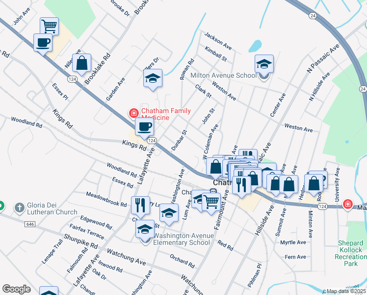 map of restaurants, bars, coffee shops, grocery stores, and more near 6 Dunbar Street in Chatham