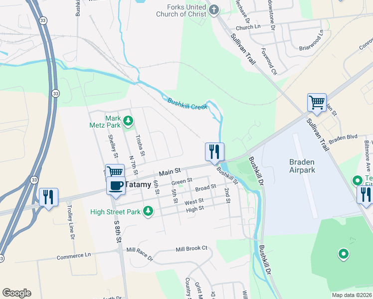map of restaurants, bars, coffee shops, grocery stores, and more near 405 Main Street in Easton