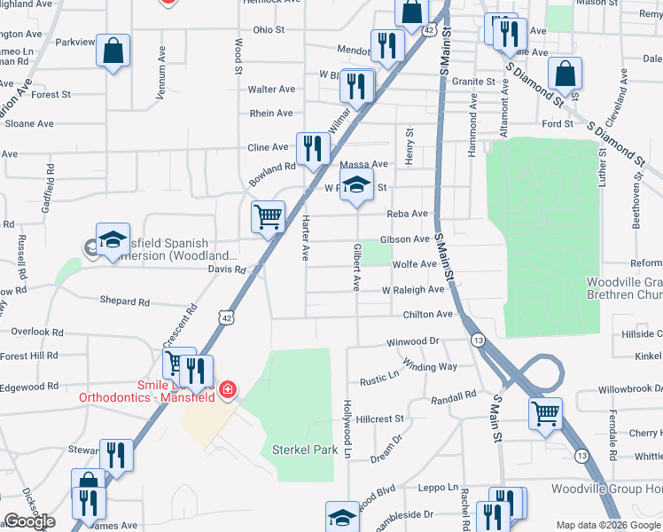 map of restaurants, bars, coffee shops, grocery stores, and more near 129 Wolfe Avenue in Mansfield