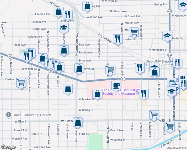 map of restaurants, bars, coffee shops, grocery stores, and more near 323 Maple Lane in Lima