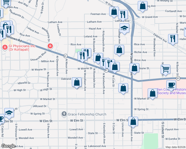 map of restaurants, bars, coffee shops, grocery stores, and more near 1330 Oakland Parkway in Lima