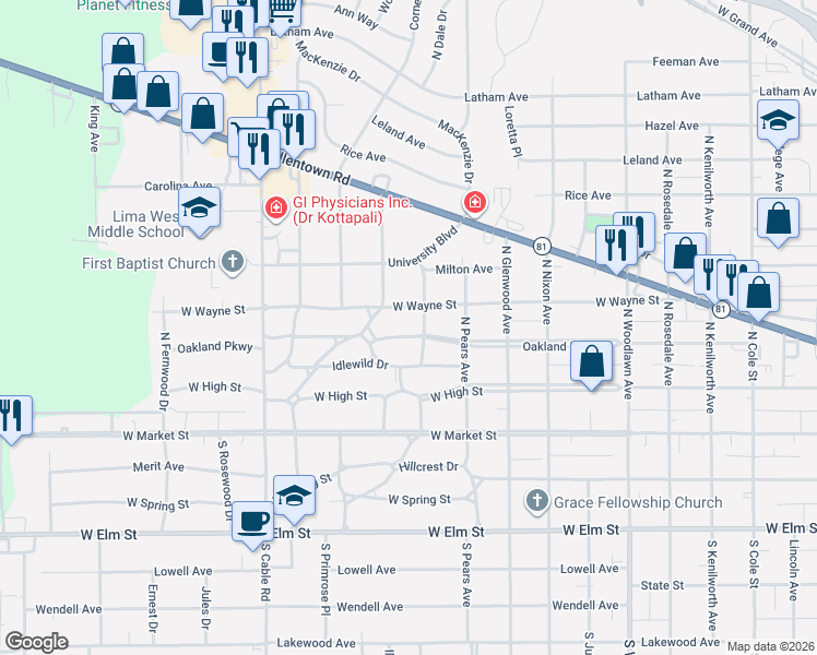 map of restaurants, bars, coffee shops, grocery stores, and more near 1906-1918 Oakland Parkway in Lima