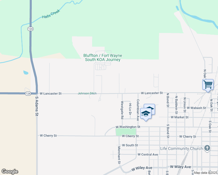 map of restaurants, bars, coffee shops, grocery stores, and more near 1527 W Lancaster St in Bluffton