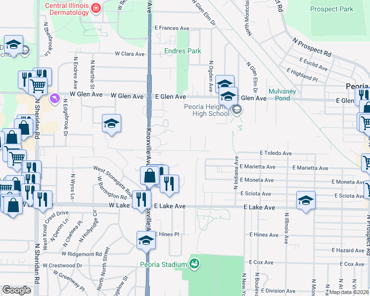 map of restaurants, bars, coffee shops, grocery stores, and more near 100-232 E Lyndale Rd in Peoria