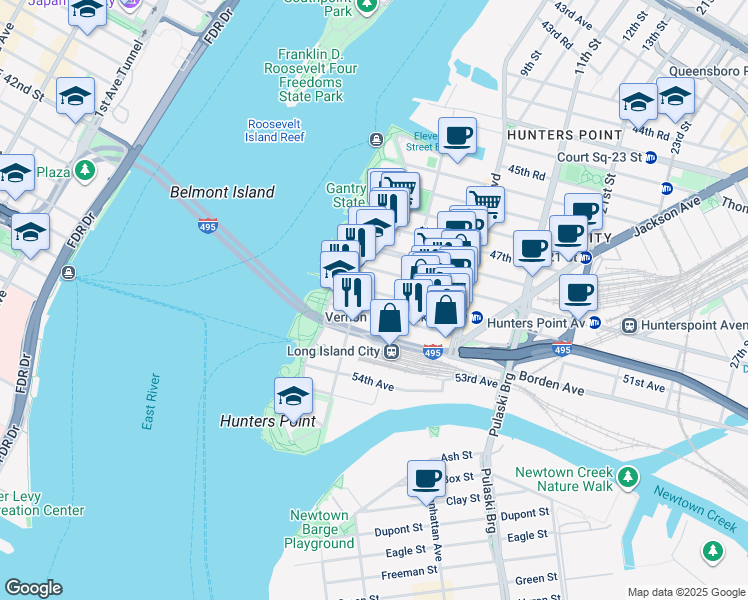 map of restaurants, bars, coffee shops, grocery stores, and more near 2-35 51st Avenue in Queens
