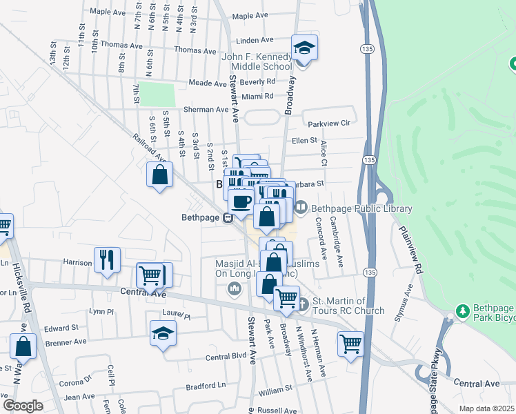 map of restaurants, bars, coffee shops, grocery stores, and more near 108 Benkert Street in Bethpage