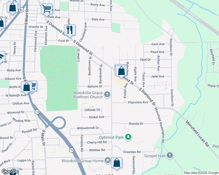 map of restaurants, bars, coffee shops, grocery stores, and more near 534 Woodville Road in Mansfield