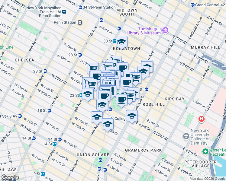 map of restaurants, bars, coffee shops, grocery stores, and more near 206 5th Avenue in New York