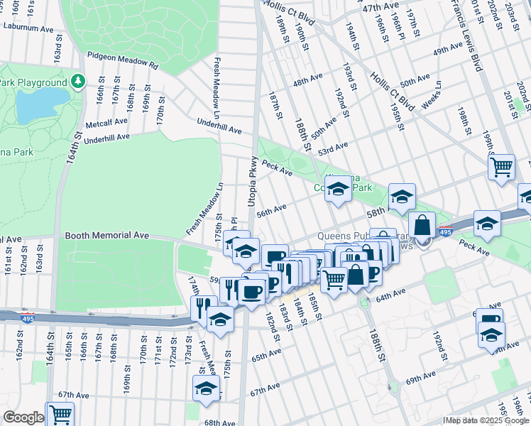 map of restaurants, bars, coffee shops, grocery stores, and more near 56-3 Utopia Parkway in Queens