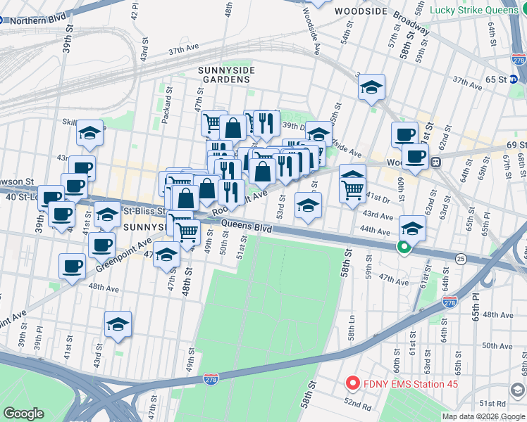 map of restaurants, bars, coffee shops, grocery stores, and more near in Queens