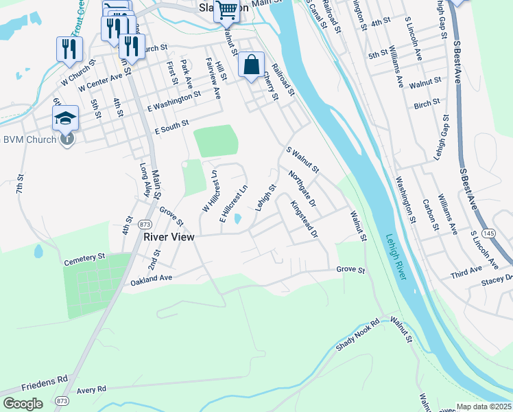 map of restaurants, bars, coffee shops, grocery stores, and more near 7325 Lehigh Circle in Slatington