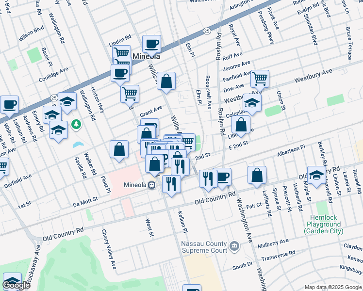 map of restaurants, bars, coffee shops, grocery stores, and more near 133 Willis Avenue in Mineola