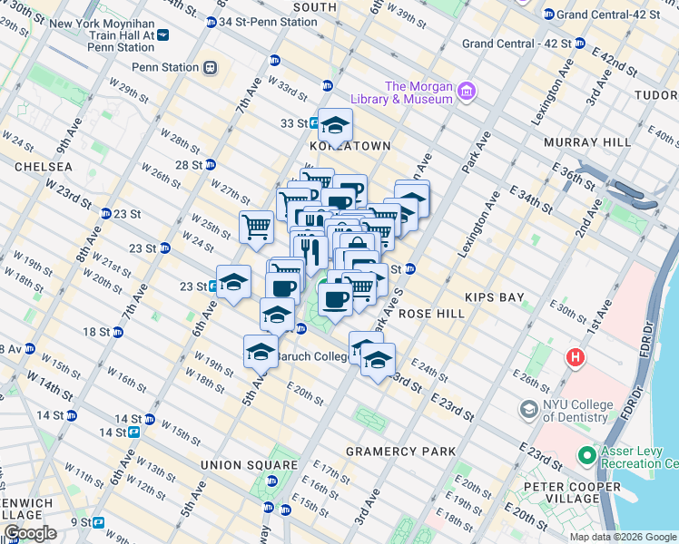 map of restaurants, bars, coffee shops, grocery stores, and more near 11 East 26th Street in New York