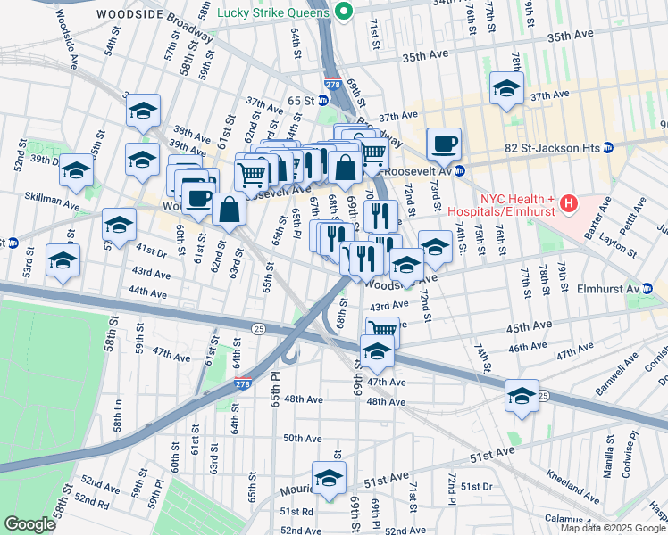 map of restaurants, bars, coffee shops, grocery stores, and more near 66-14 Woodside Avenue in Queens