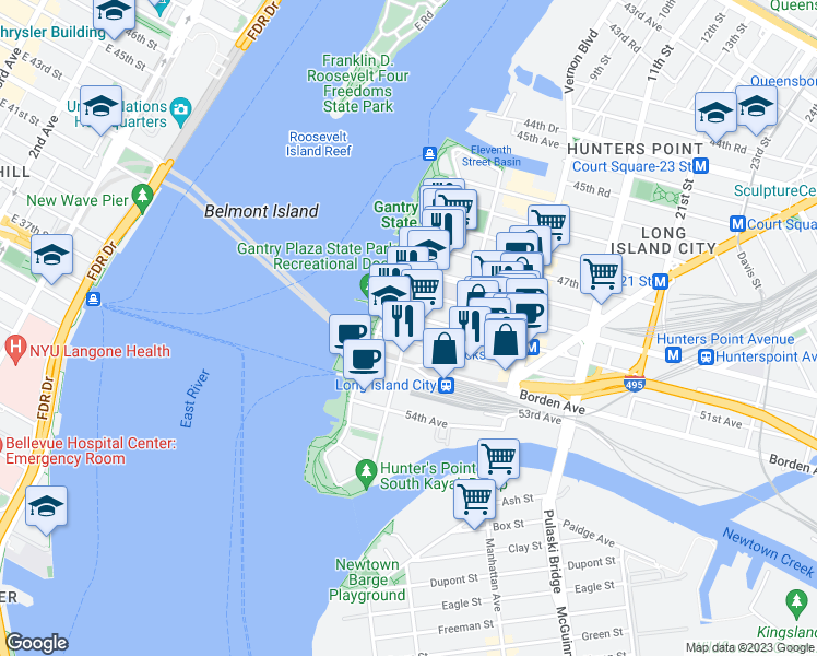 map of restaurants, bars, coffee shops, grocery stores, and more near in Queens
