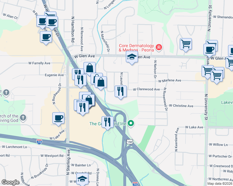 map of restaurants, bars, coffee shops, grocery stores, and more near 4612 North Woodview Avenue in Peoria