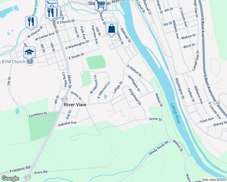 map of restaurants, bars, coffee shops, grocery stores, and more near 7325 Lehigh Circle in Slatington
