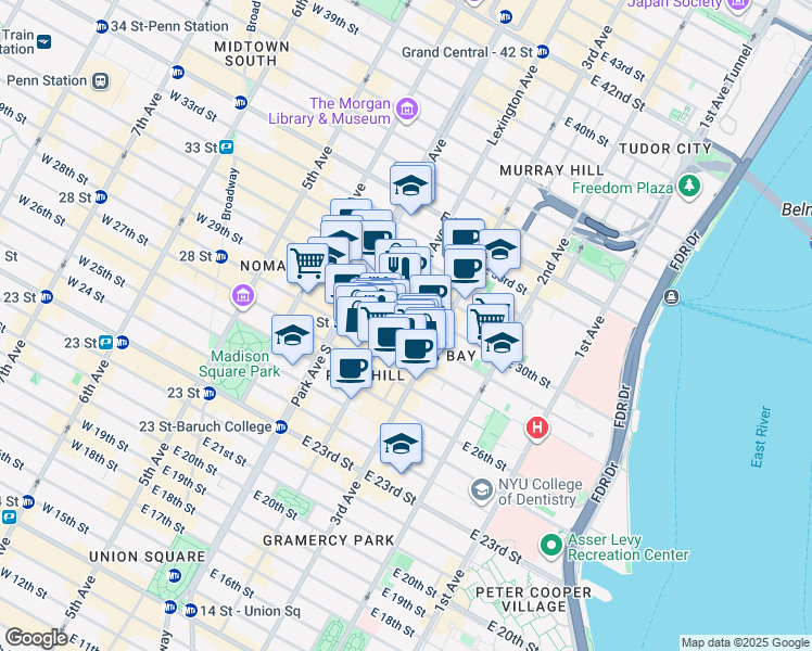 map of restaurants, bars, coffee shops, grocery stores, and more near 133 East 29th Street in New York