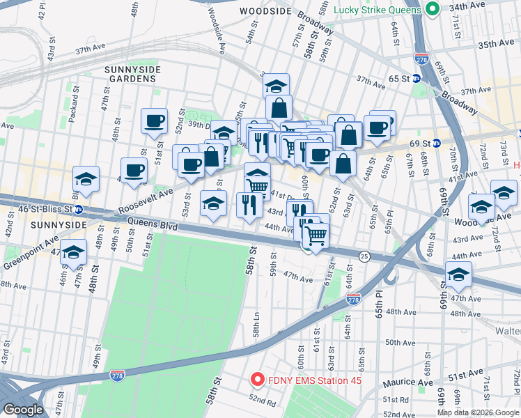 map of restaurants, bars, coffee shops, grocery stores, and more near 58th Street in Queens