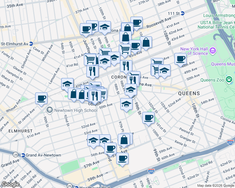 map of restaurants, bars, coffee shops, grocery stores, and more near 97-38 Alstyne Avenue in Queens