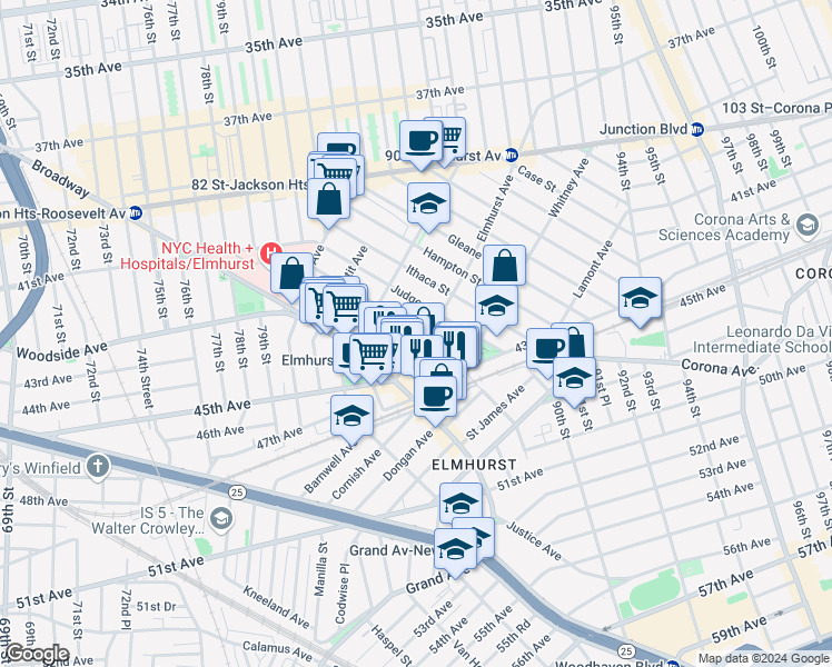 map of restaurants, bars, coffee shops, grocery stores, and more near 84-49 Elmhurst Avenue in Queens