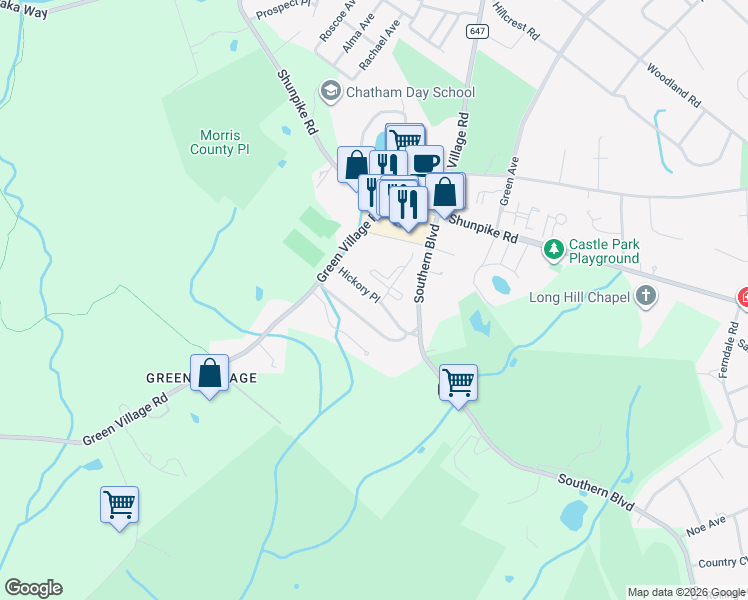 map of restaurants, bars, coffee shops, grocery stores, and more near 25 Hickory Place in Chatham Township